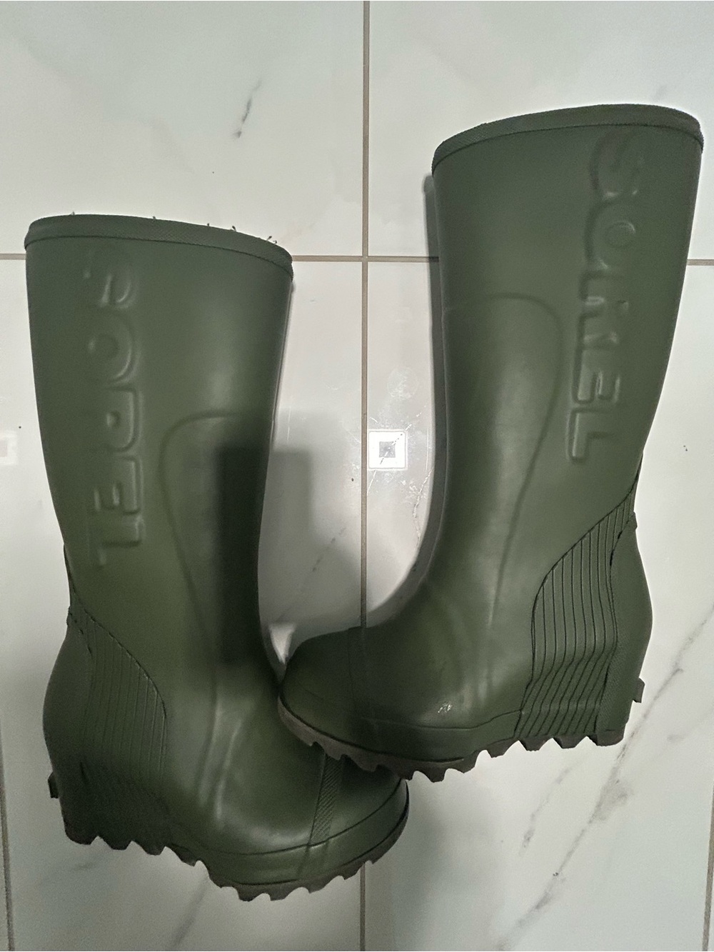 NWOT Sorel Joan Rain Wedge Tall Waterproof Boots Nori Olive Green 7.5